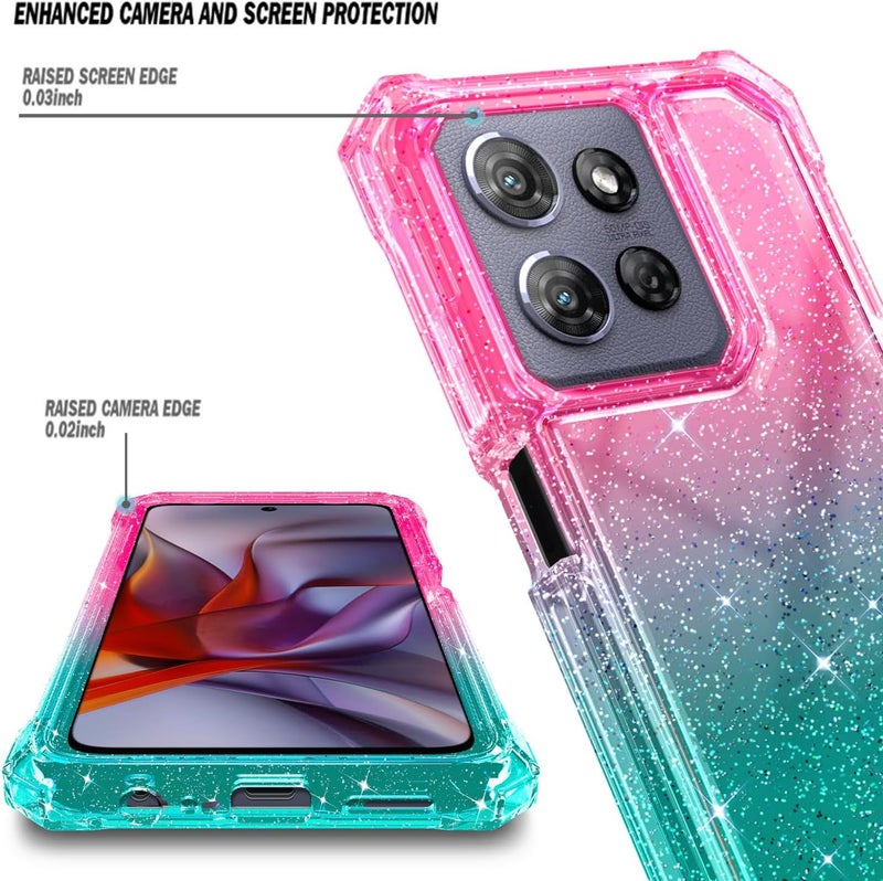 WDHD Compatible with Motorola Moto G-Power-2025 Case Glitter Pink/Aqua | Full-Body Protective Shockproof Bumper Phone Cover with Tempered Glass Screen Protector, 12FT Military Grade Drop Tested - Image 3